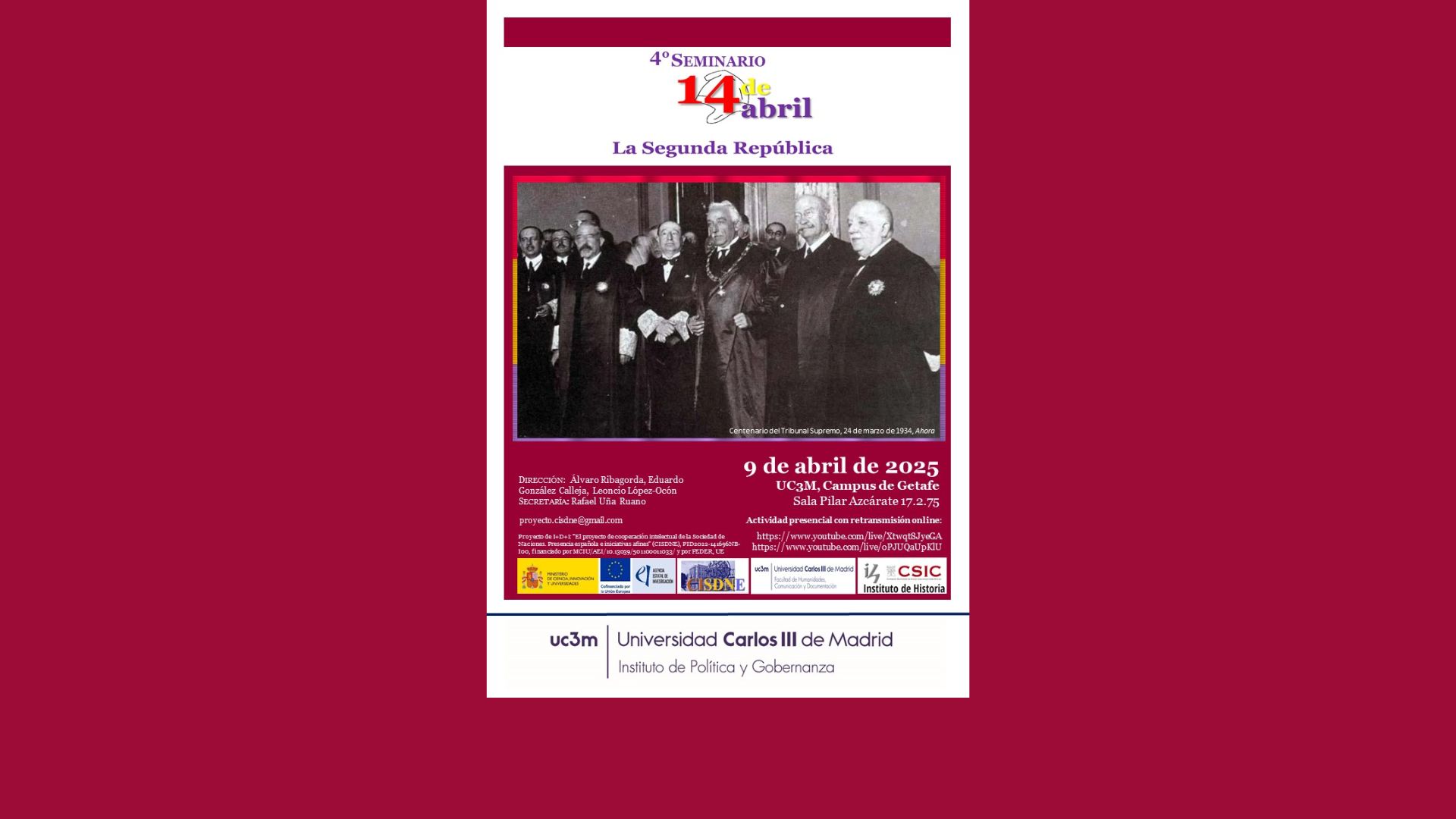 El miércoles 9 de abril se celebrará el 4º seminario "14 de abril" en el que participan nuestros compañeros Santiago de Miguel y Sergio Cuartero en la UC3M, formato híbrido